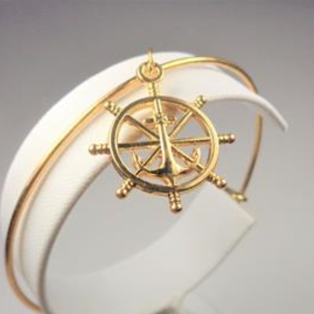 NAUTICAL GOLD TONE SHIPS WHEEL & ANCHOR BRACELET